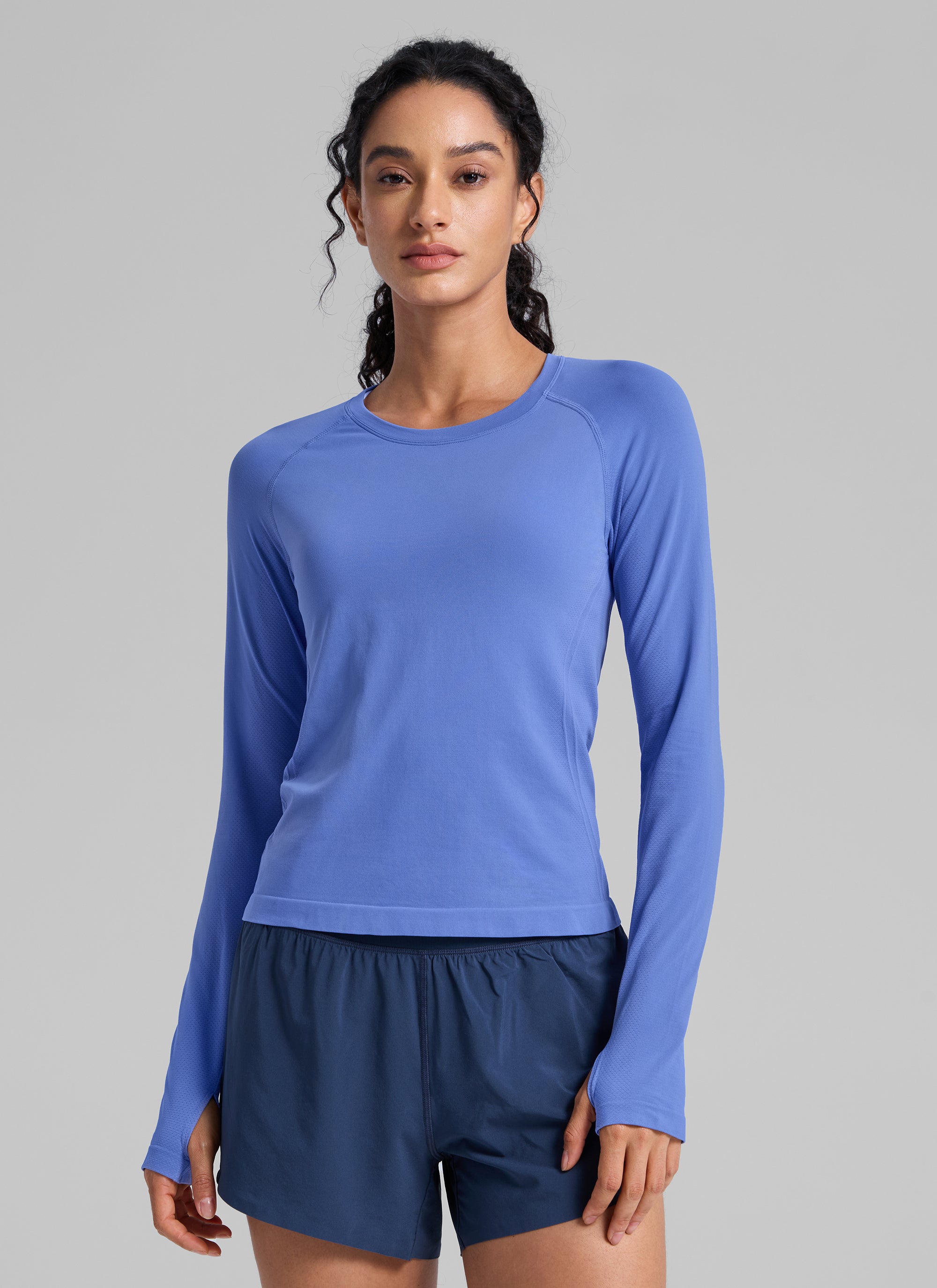CRZ YOGA Women's Running Quick Dry Shirts Seamless Long Sleeves Wild Indigo