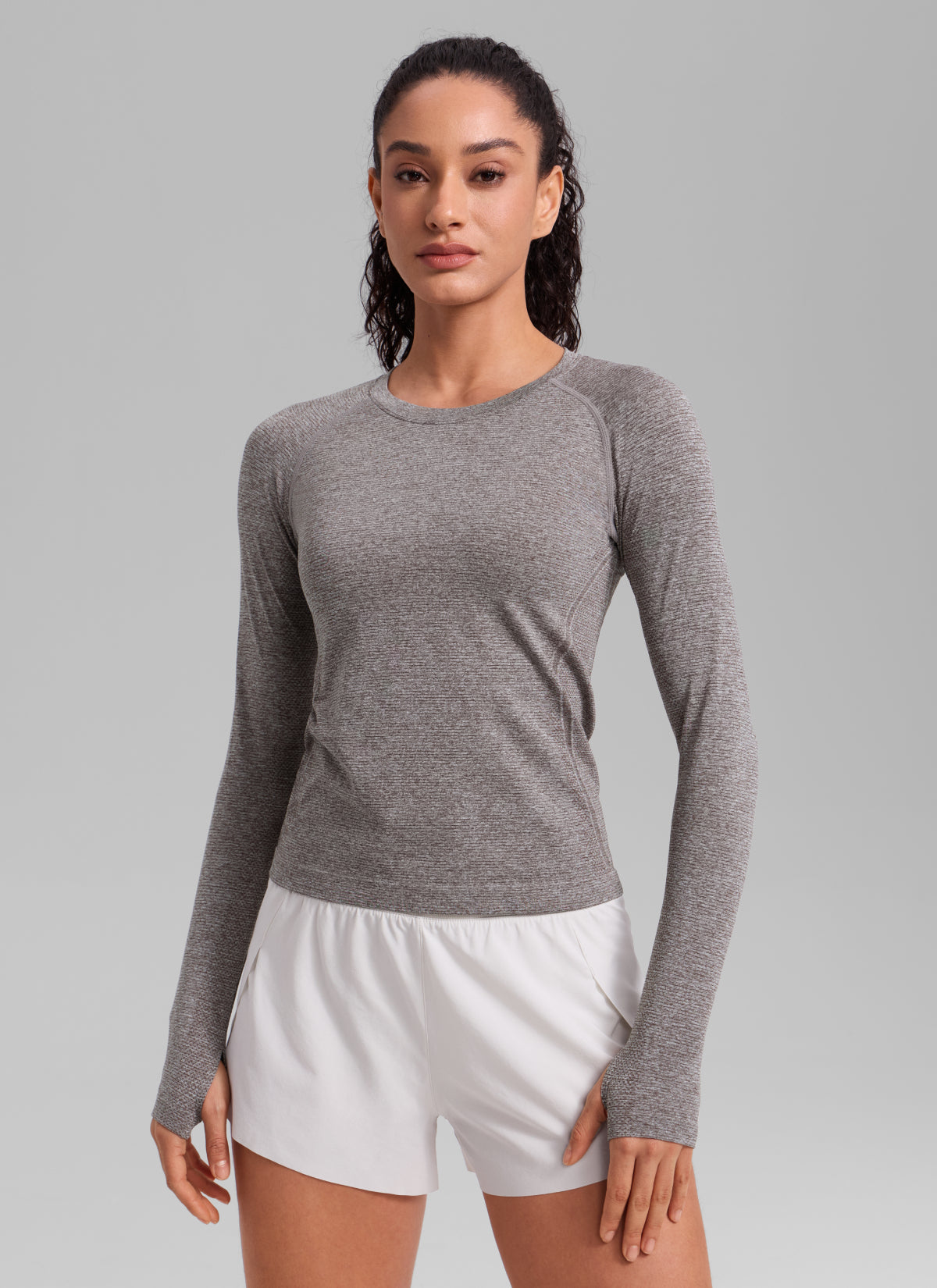 CRZ YOGA Women's Running Quick Dry Shirts Seamless Long Sleeves Hot Fudge Brown Heather