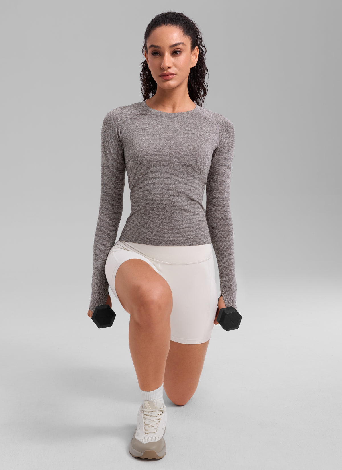 CRZ YOGA Women's Running Quick Dry Shirts Seamless Long Sleeves Hot Fudge Brown Heather