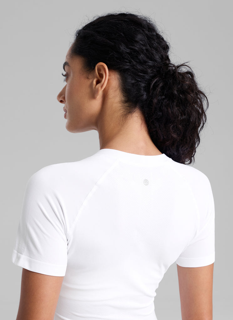 CRZYOGA Women's Running Slim Fit Shirts Seamless Cropped Short Sleeves White