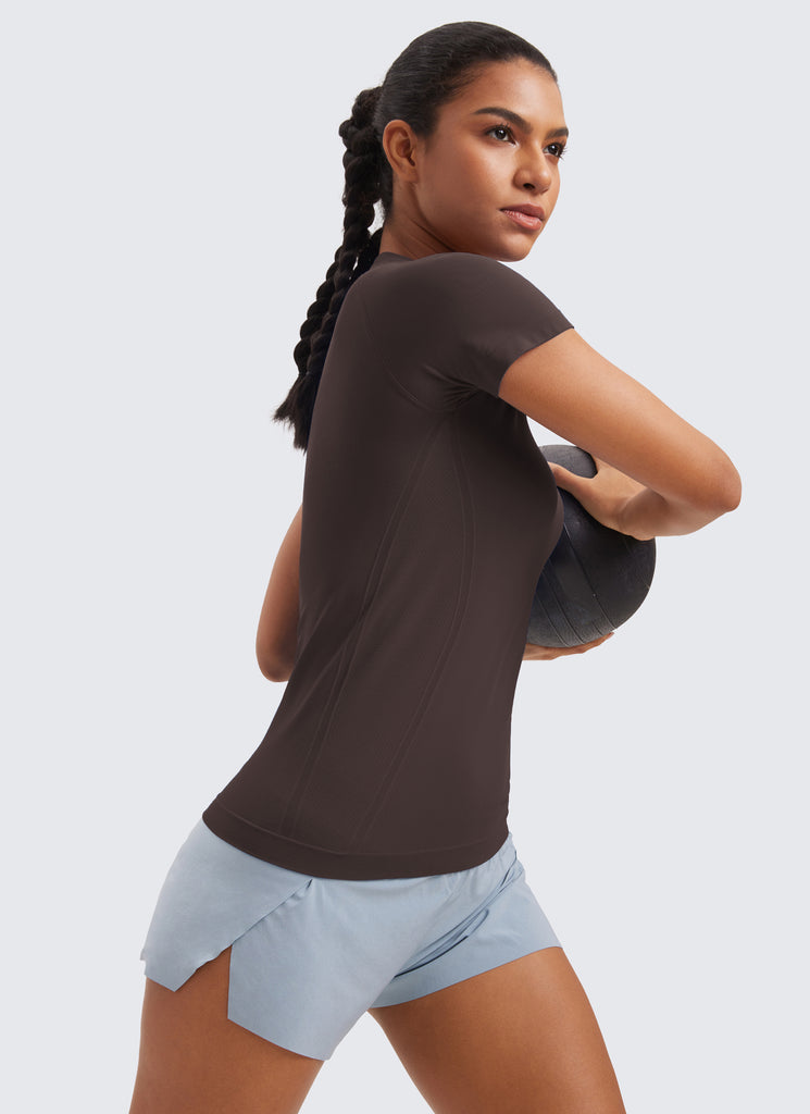 CRZ YOGA Women's Running Classic Fit Shirts Seamless Short Sleeves Green Palm Court