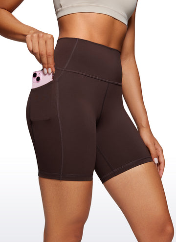 CRZ YOGA Women's Train High Rise Biker Nakedfeel Pocket Shorts 6'' Hot Fudge Brown