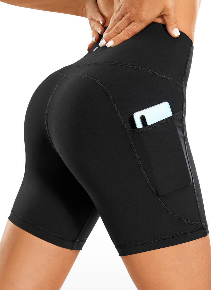 CRZ YOGA Women's High Rise Biker Brushed Nakedfeel Pockets Shorts 6'' Black