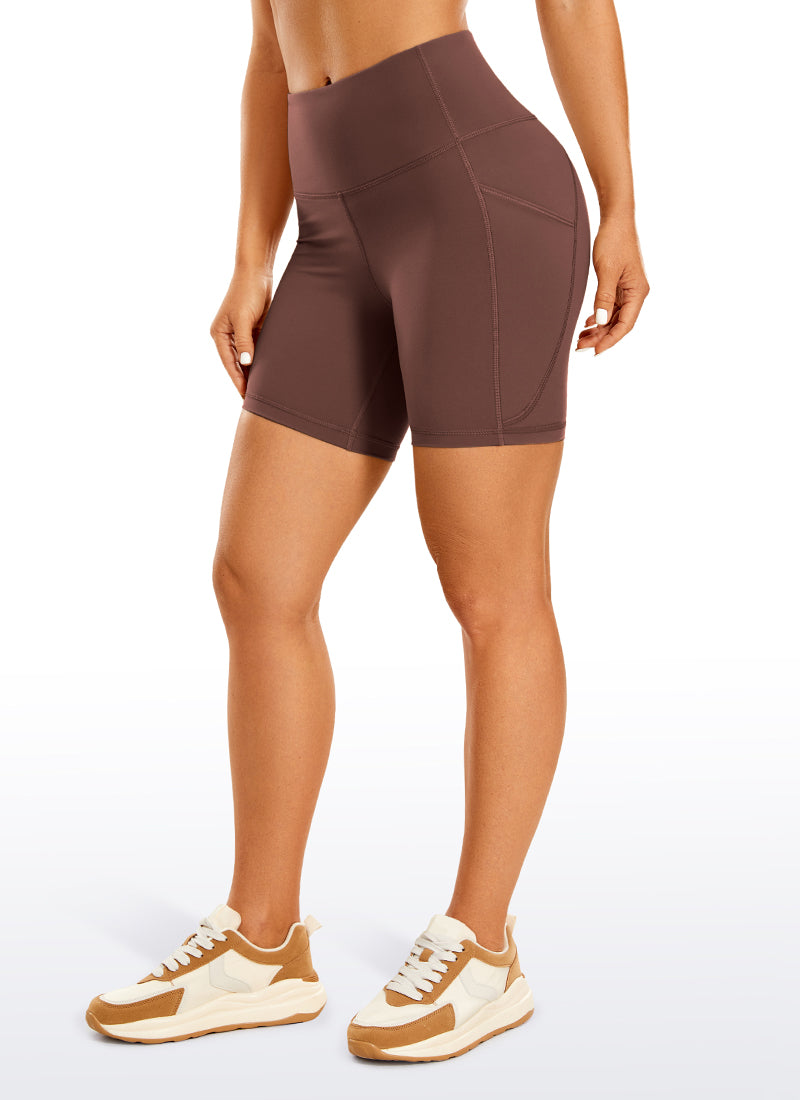 CRZ YOGA Women's High Rise Biker Brushed Nakedfeel Pockets Shorts 6'' Taupe