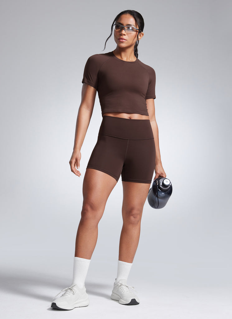 CRZ YOGA Women's Workout High Rise Biker Shorts Butterbreeze Shorts 4'' Hot Fudge Brown