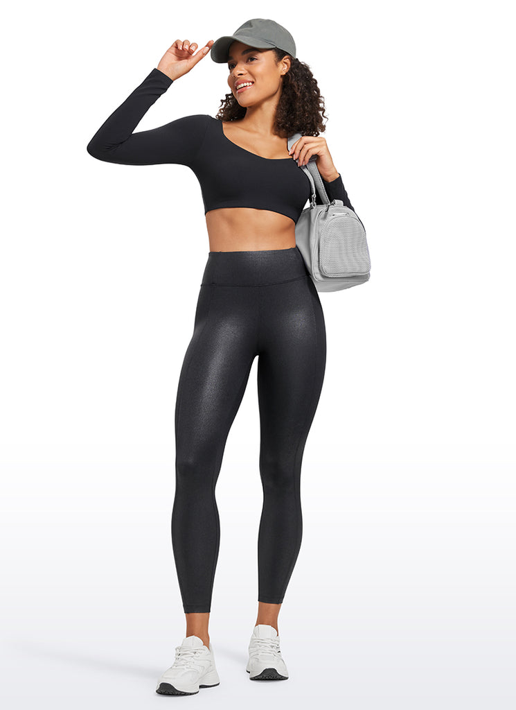 CRZ YOGA Butterluxe Women Matte Faux Leather Leggings Back Pockets 25" Black Foil Pattern