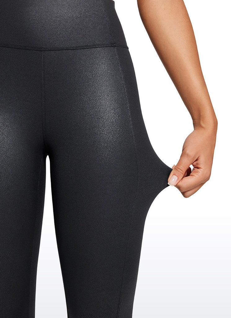 CRZ YOGA Butterluxe Women Matte Faux Leather Leggings Back Pockets 25" Black Foil Pattern