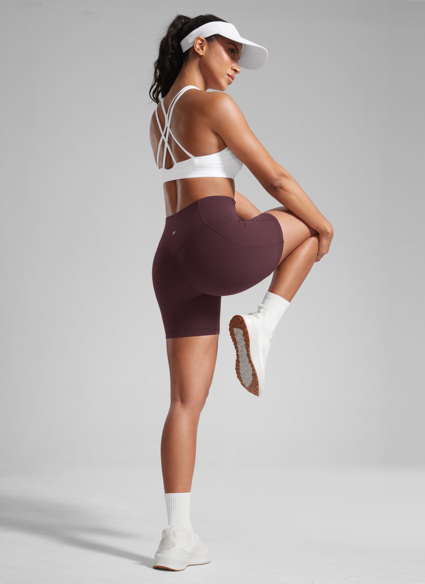CRZ YOGA Butterlift Womens Scrunch Butt No Front Seam Pocket Biker Shorts 5'' Ripe Plum @model_info:Crystal