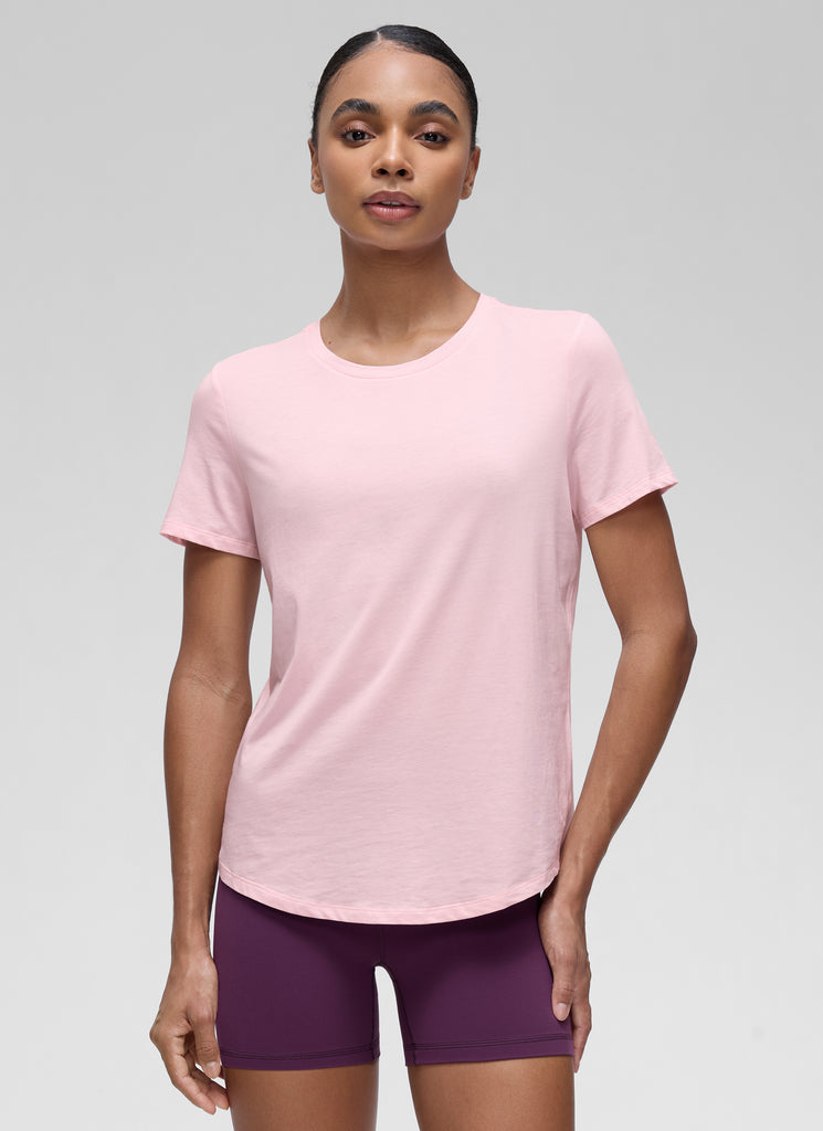 CRZ YOGA Women's Yoga Loose Fit Pima Cotton Short Sleeves Strawberry Pink