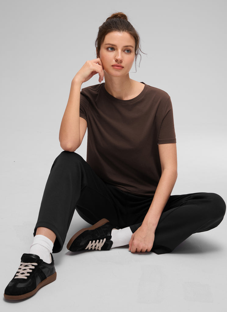 CRZ YOGA Women's Yoga Loose Fit Pima Cotton Short Sleeves Hot Fudge Brown