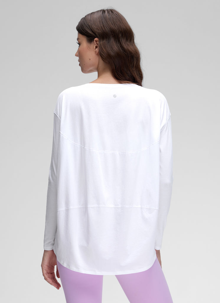 CRZ YOGA Women's Casual Loose Fit Pima Cotton Long Sleeves Boat Neck White