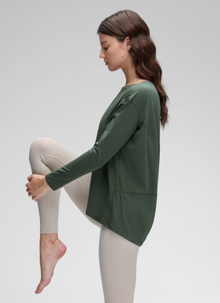 CRZ YOGA Women's Casual Loose Fit Pima Cotton Long Sleeves Boat Neck Grey Olive