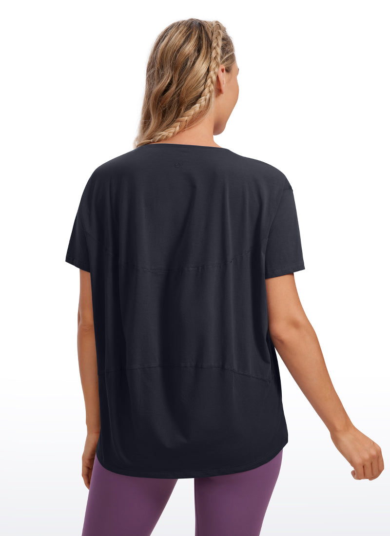 CRZ YOGA Women's Yoga Loose Fit Pima Cotton Short Sleeves Boat Neck Navy