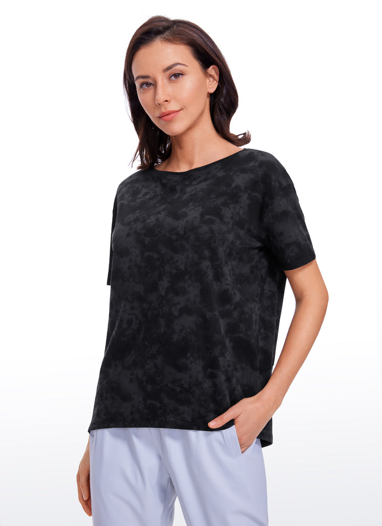 CRZ YOGA Women's Yoga Loose Fit Pima Cotton Short Sleeves Boat Neck Sonic Pink