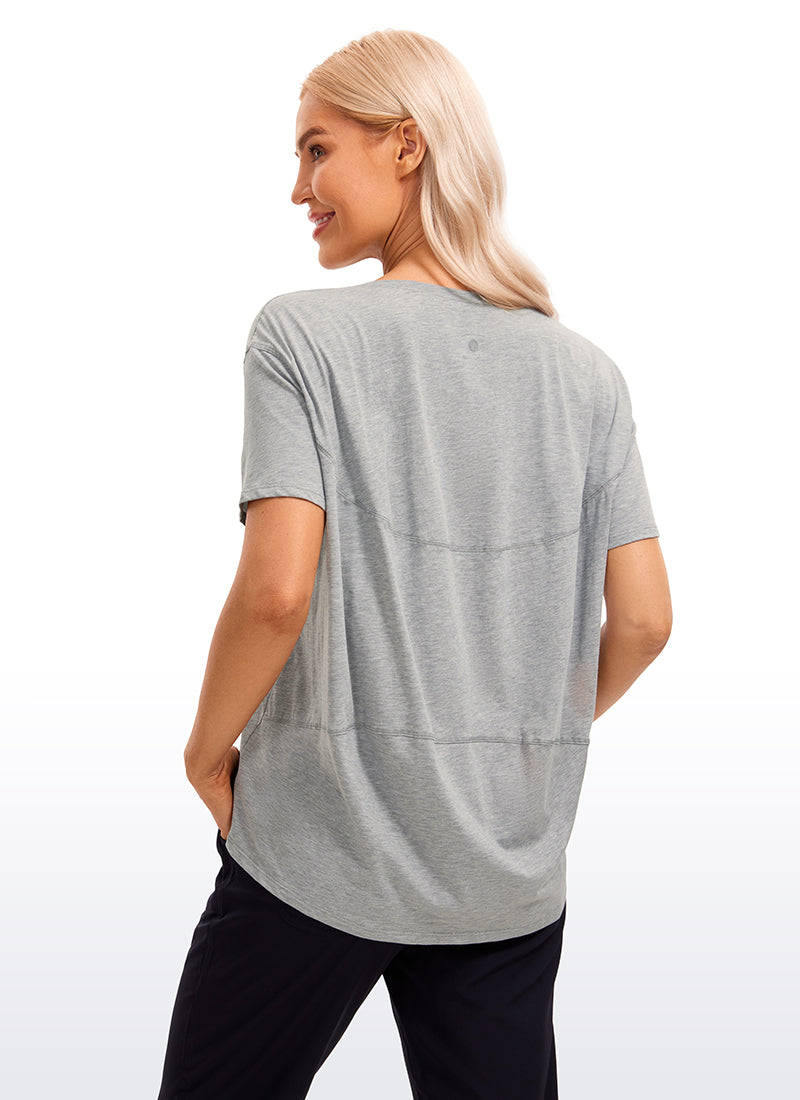 CRZ YOGA Women's Yoga Loose Fit Pima Cotton Short Sleeves Boat Neck Heathered Medium Grey