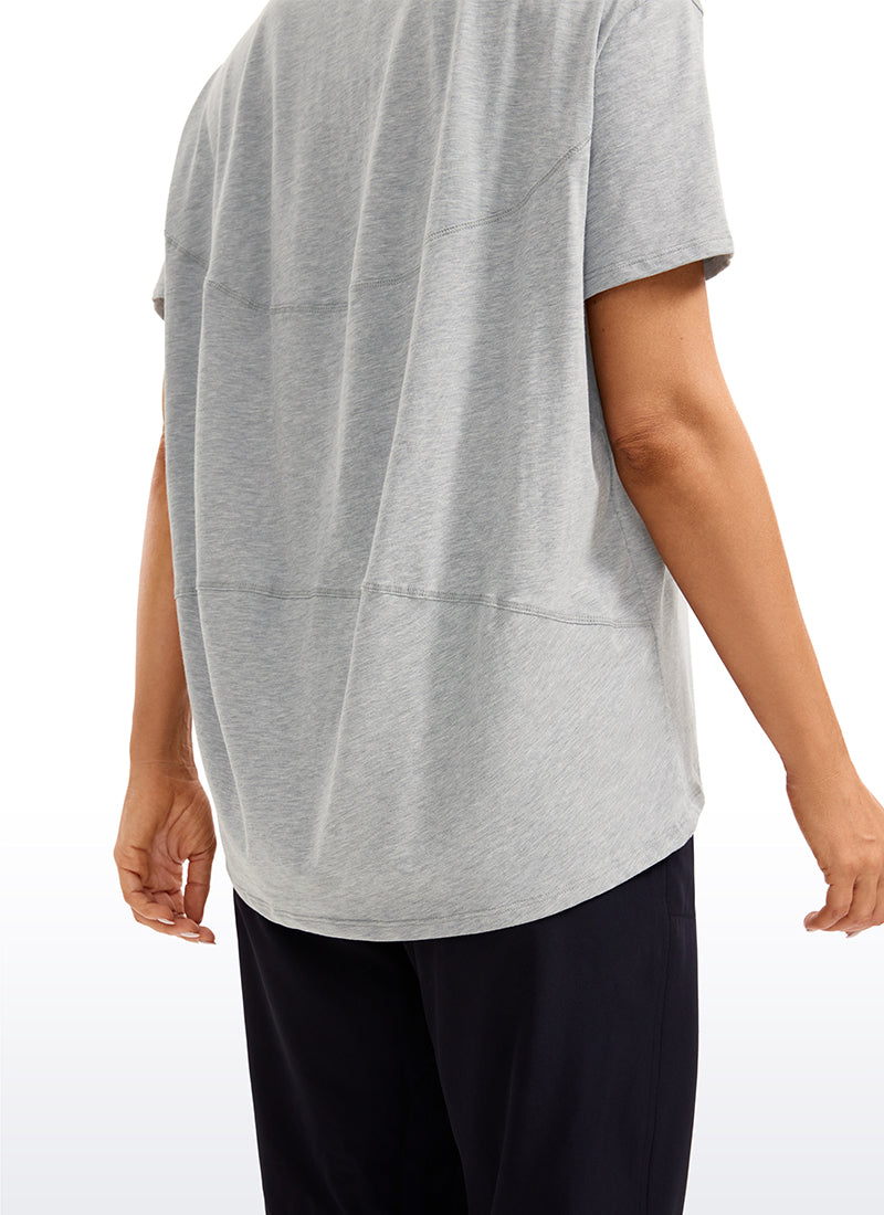 CRZ YOGA Women's Yoga Loose Fit Pima Cotton Short Sleeves Boat Neck Heathered Medium Grey