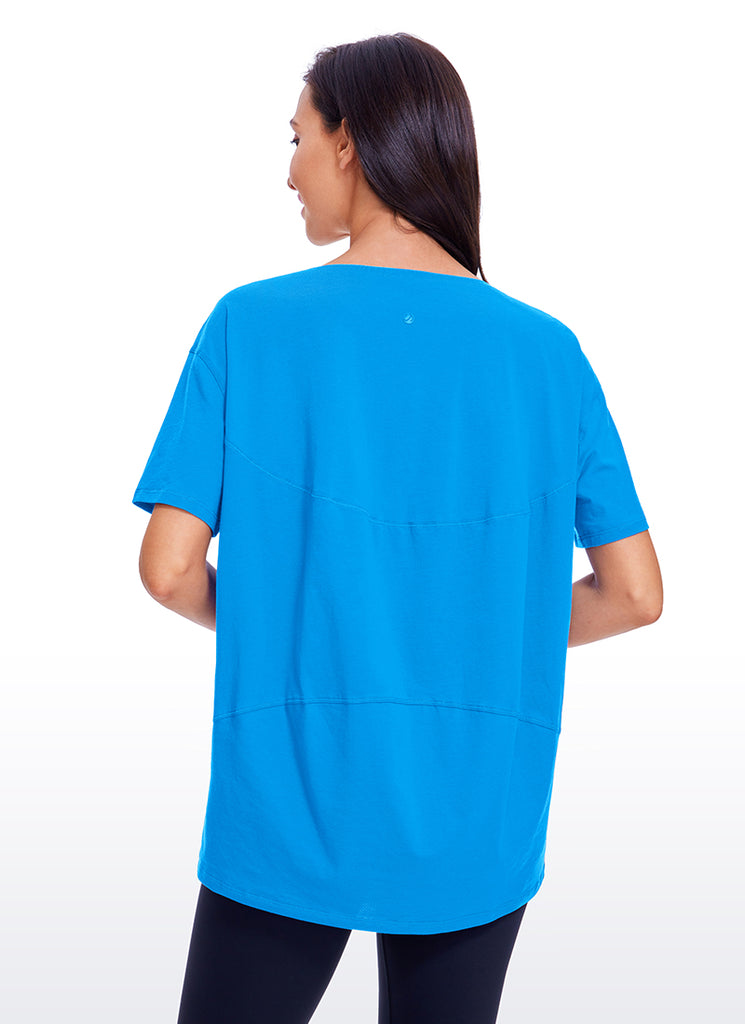 CRZ YOGA Women's Yoga Loose Fit Pima Cotton Short Sleeves Boat Neck Madagascar Blue