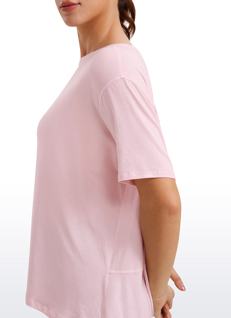 CRZ YOGA Women's Yoga Loose Fit Pima Cotton Short Sleeves Boat Neck Strawberry Pink