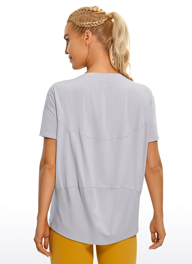 CRZ YOGA Women's Yoga Loose Fit Pima Cotton Short Sleeves Boat Neck Iced Iris