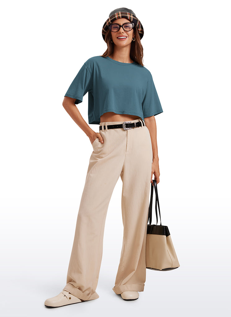 CRZ YOGA Women's Casual Loose Fit Pima Cotton Short Sleeves Cropped Slate Blue