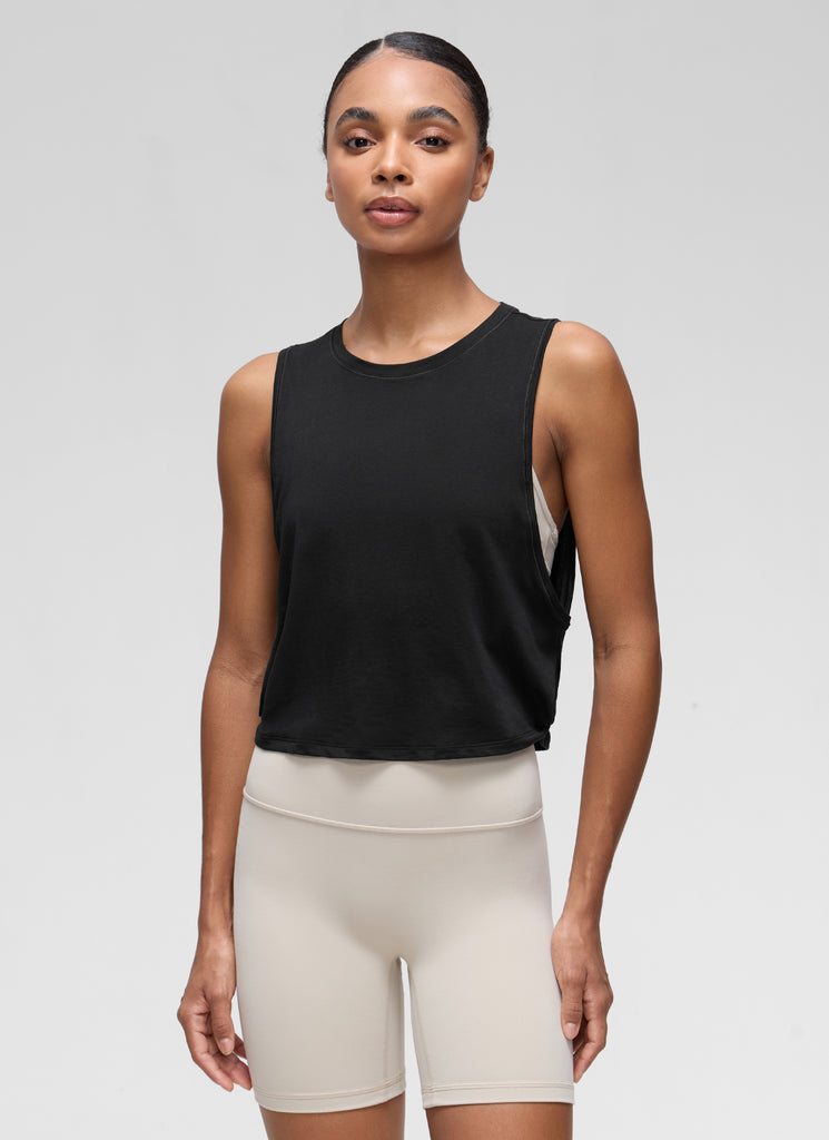 CRZ YOGA Women's Yoga Loose Fit Top Pima Cotton Crop Tank Deep Armhole Graphite Green