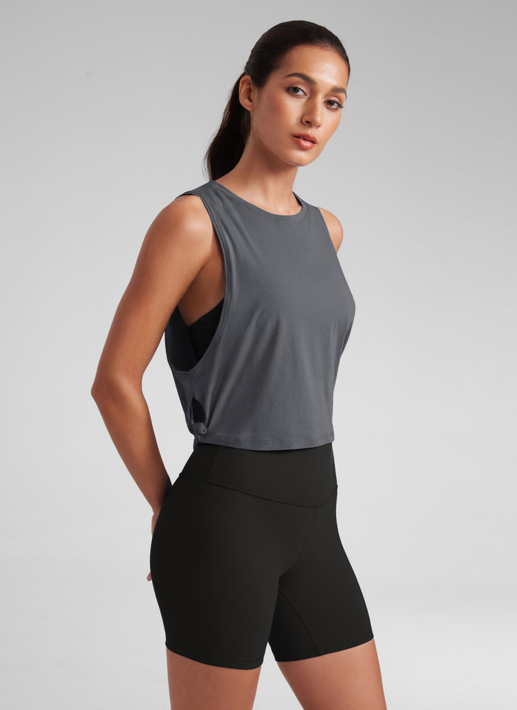 CRZ YOGA Women's Yoga Loose Fit Top Pima Cotton Crop Tank Deep Armhole Dark Carbon