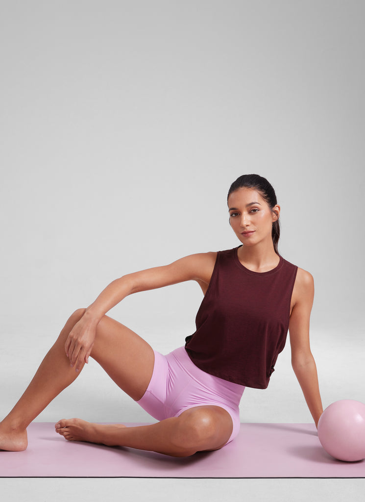 CRZ YOGA Women's Yoga Loose Fit Top Pima Cotton Crop Tank Deep Armhole Berry heather