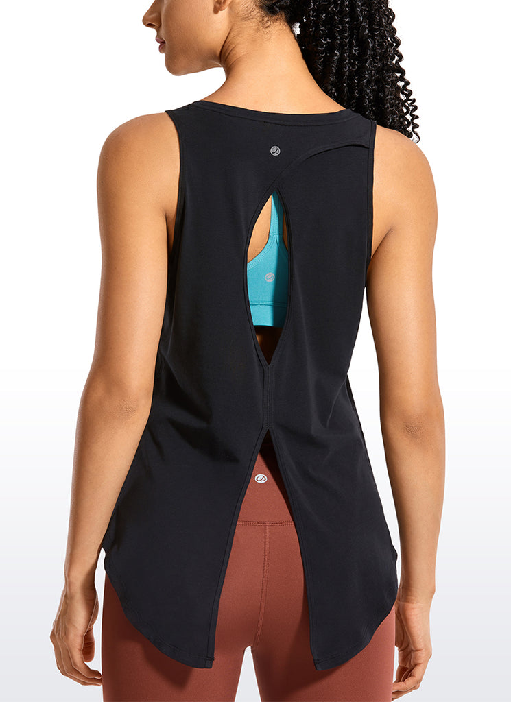 CRZ YOGA Women's Yoga Loose Fit Tops Pima Cotton Tank Split Open Back Black