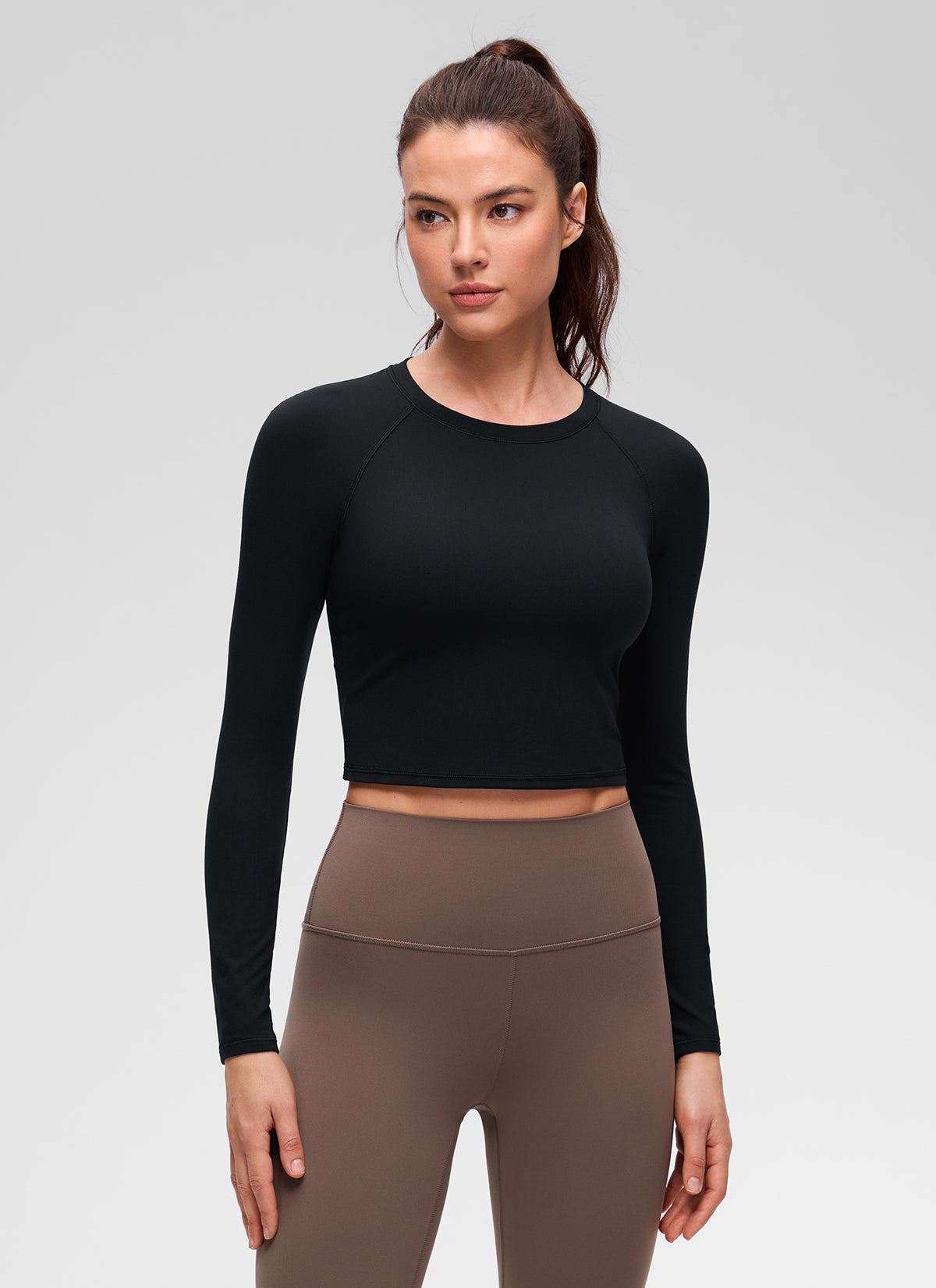 CRZ YOGA Women's Brushed Workout Crew Neck Raglan Crop Long Sleeve Black