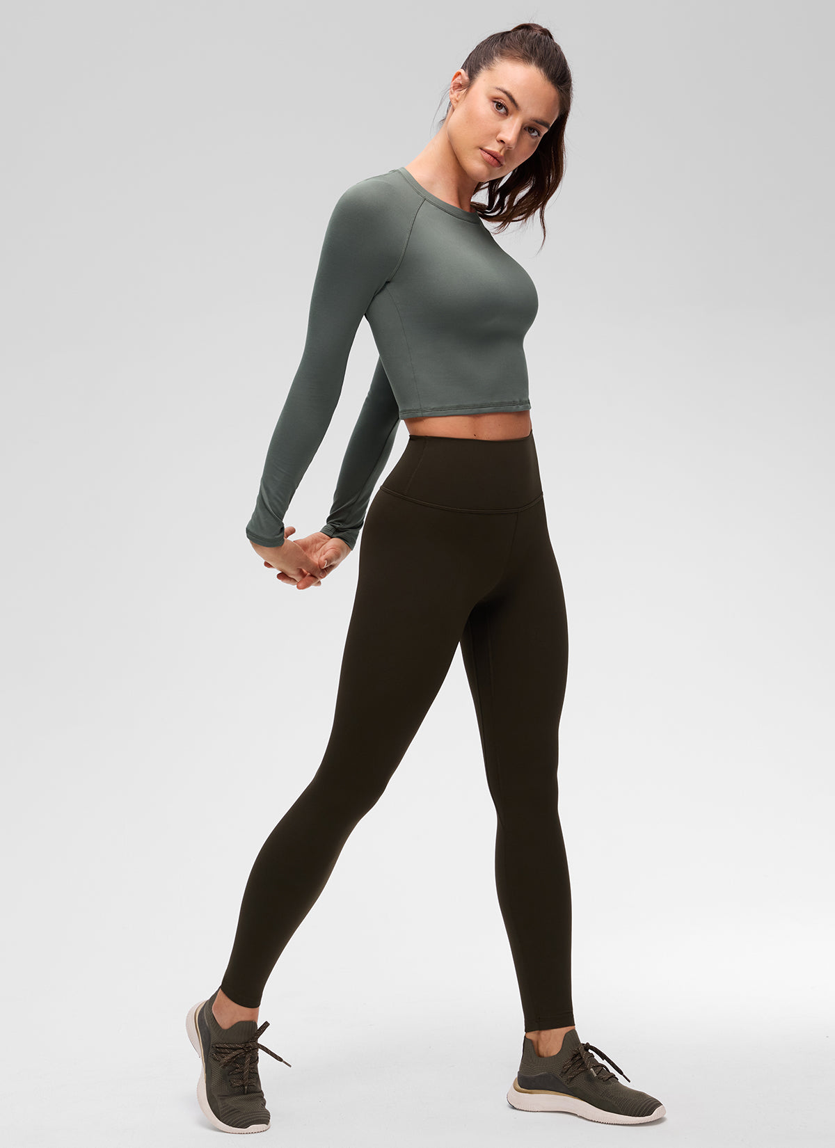 CRZ YOGA Women's Brushed Workout Crew Neck Raglan Crop Long Sleeve Grey Sage