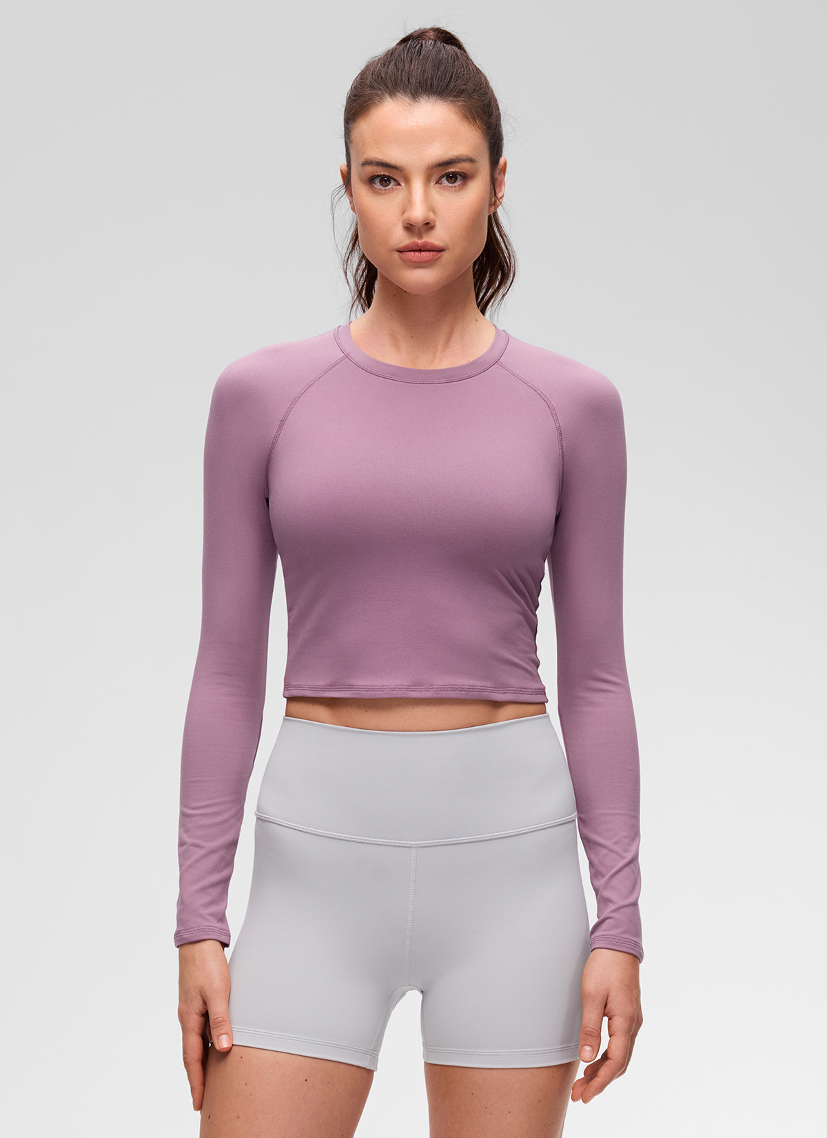 CRZ YOGA Women's Brushed Workout Crew Neck Raglan Crop Long Sleeve Light Lavender