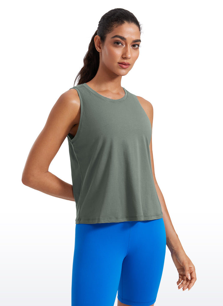CRZ YOGA Women's Yoga Loose Fit Tops Pima Cotton Crop Tank Round Neck Strong Blue