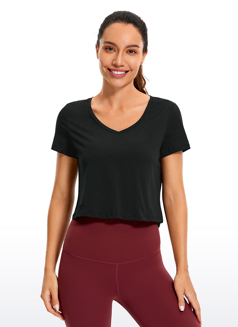 CRZ YOGA Women's Casual Relaxed Fit Pima Cotton Short Sleeve Cropped Black