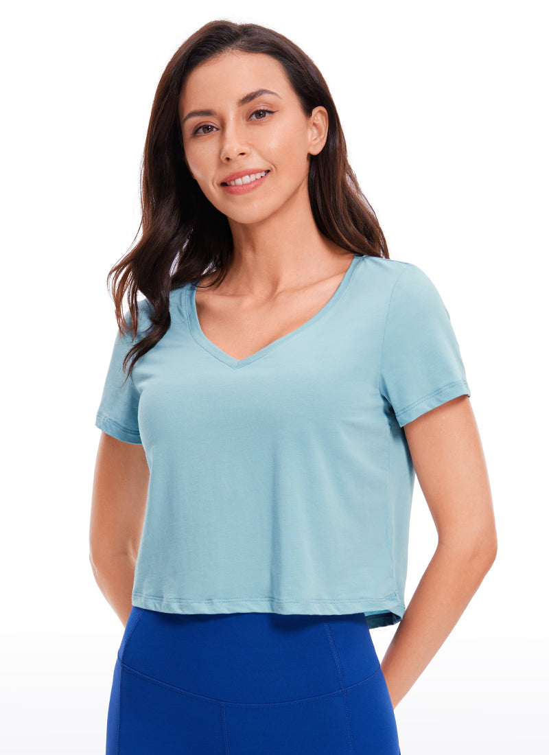 CRZ YOGA Women's Casual Relaxed Fit Pima Cotton Short Sleeve Cropped Pure Blue
