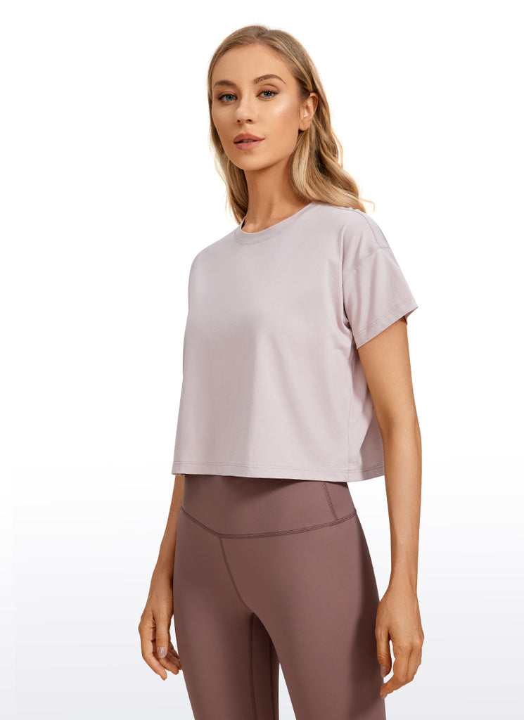 CRZ YOGA Women's Yoga Relaxed Fit Shirt Pima Cotton Crop Short Sleeves Strong Blue