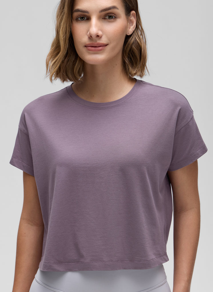 CRZ YOGA Women's Yoga Relaxed Fit Shirt Pima Cotton Crop Short Sleeves Soft Seagrass