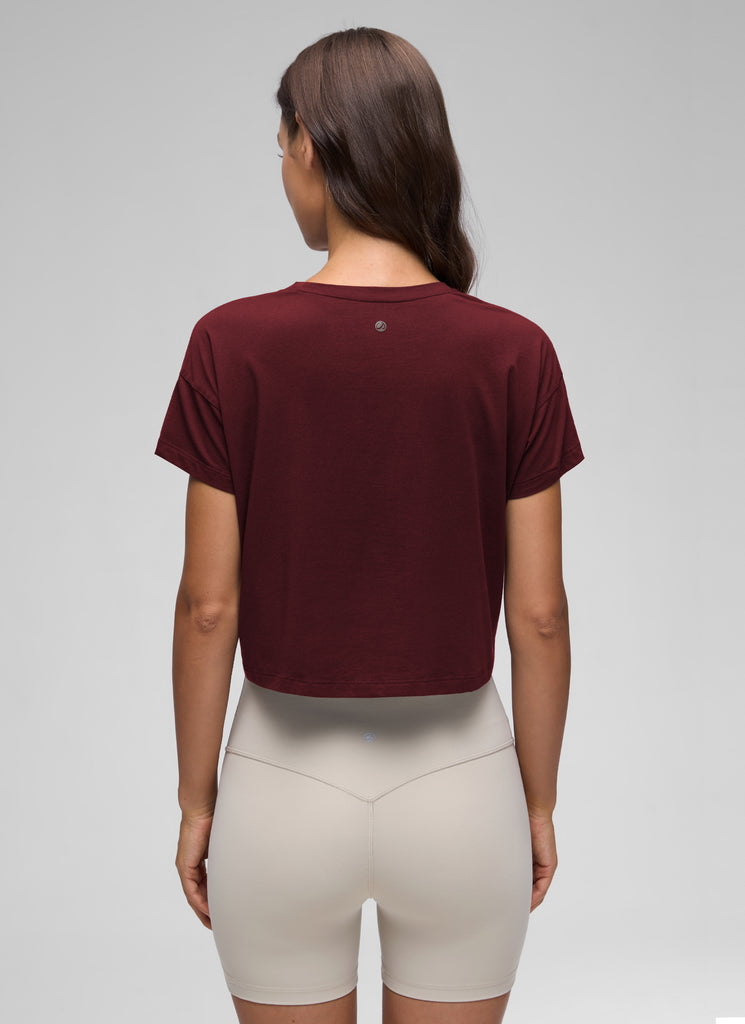 CRZ YOGA Women's Yoga Relaxed Fit Shirt Pima Cotton Crop Short Sleeves Red Merlot