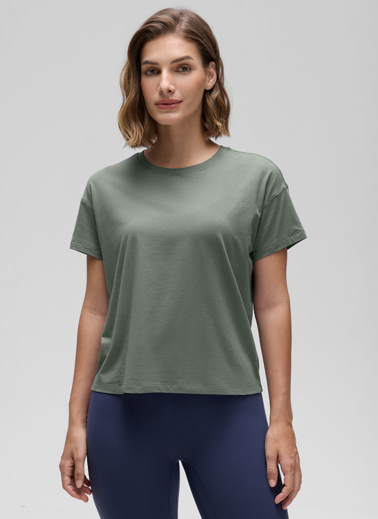 CRZ YOGA Women's Yoga Loose Fit Shirt Pima Cotton Short Sleeves Mojave Tan