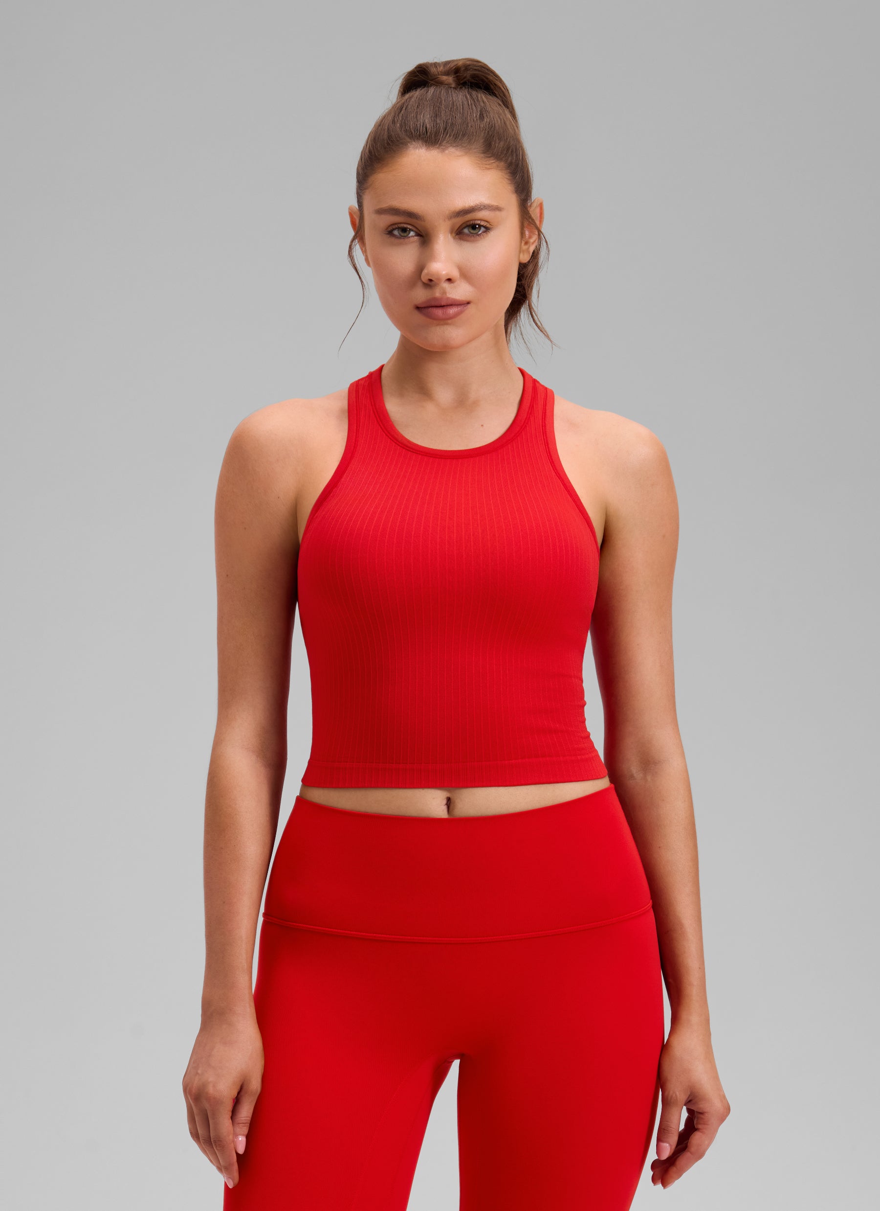 CRZ YOGA Women's Yoga Slim Fit Tops Seamless Longline Tank High Neck Deep Red @model_info:V