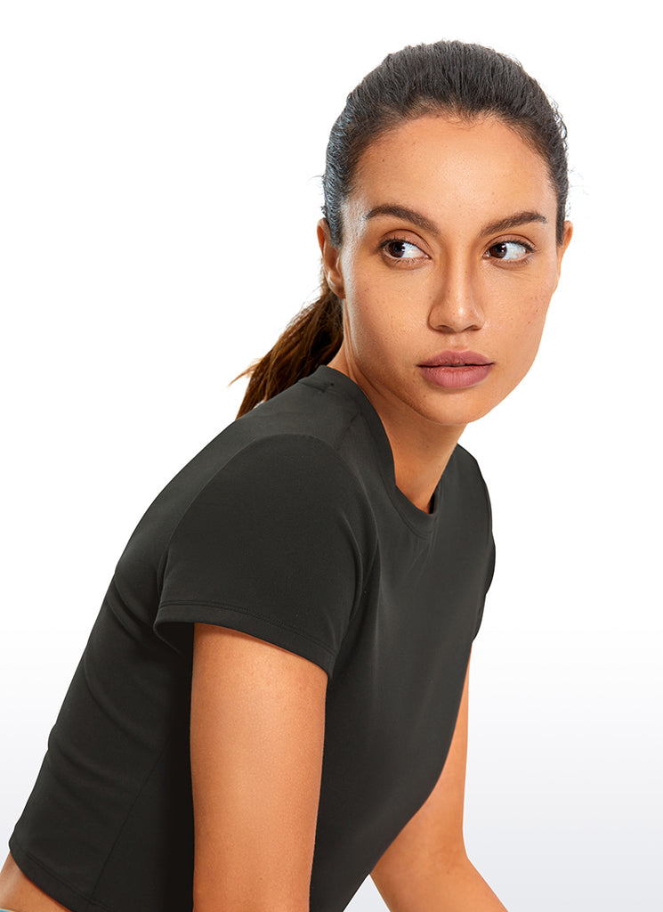 CRZ YOGA Women's Yoga Classic Fit Top Butterluxe Cropped Short Sleeves Black