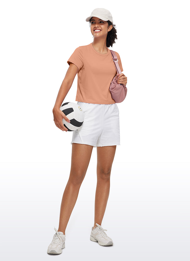 CRZ YOGA Women's Yoga Classic Fit Pima Cotton Short Sleeves High Neck Mocha Mousse