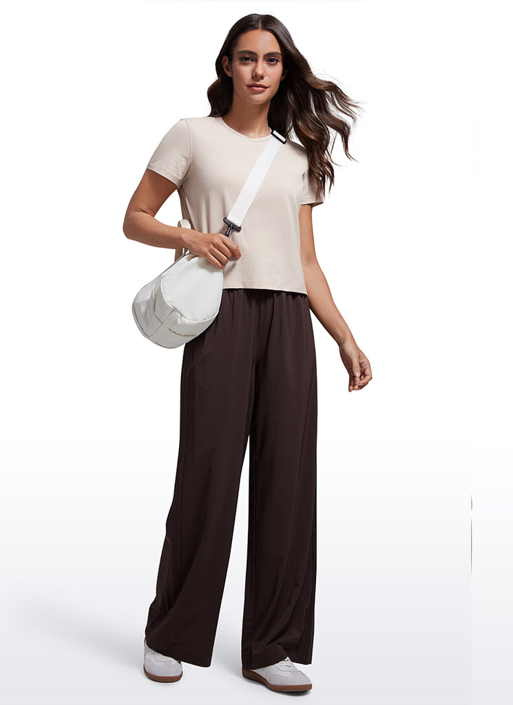 CRZ YOGA Women's Yoga Classic Fit Pima Cotton Short Sleeves High Neck Blue Linen