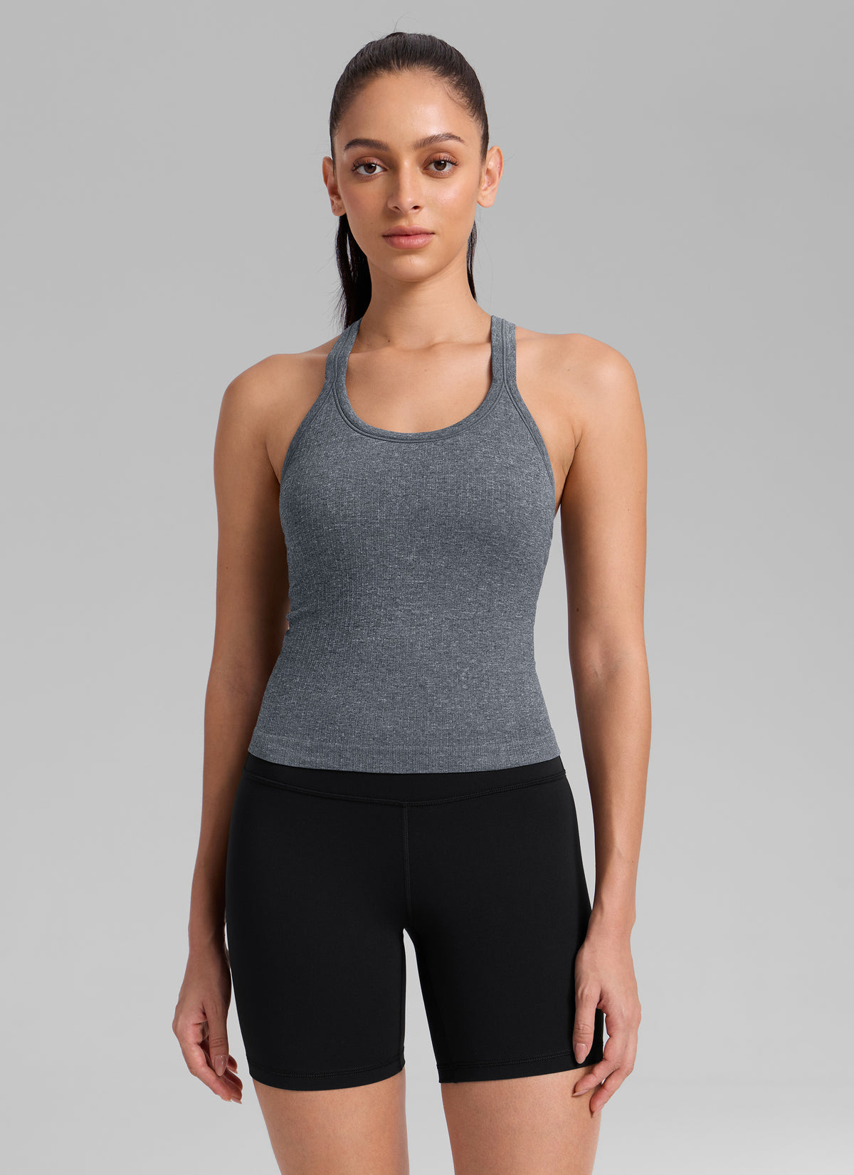 CRZ YOGA Women's Yoga Slim Fit Seamless Tank Crew Neck Waist Length Light Gray 7 @model_info:B