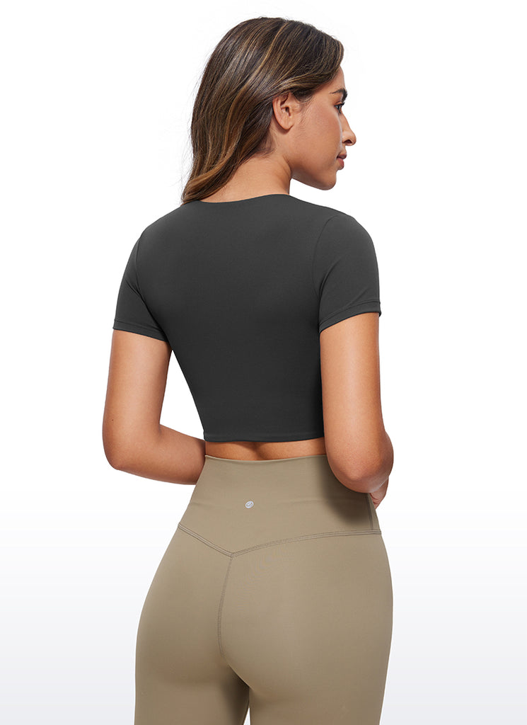 CRZ YOGA Women's Yoga Tight Fit Butterluxe Cropped Short Sleeves Black