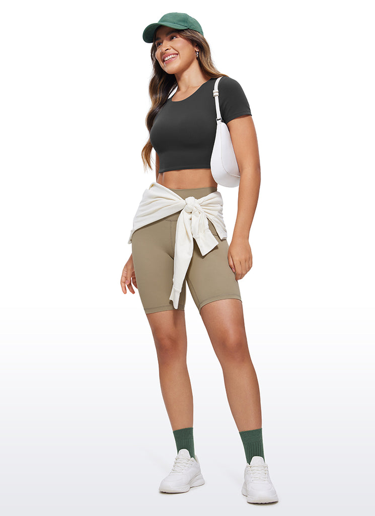 CRZ YOGA Women's Yoga Tight Fit Butterluxe Cropped Short Sleeves Black