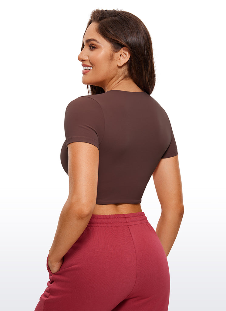 CRZ YOGA Women's Yoga Tight Fit Butterluxe Cropped Short Sleeves Taupe