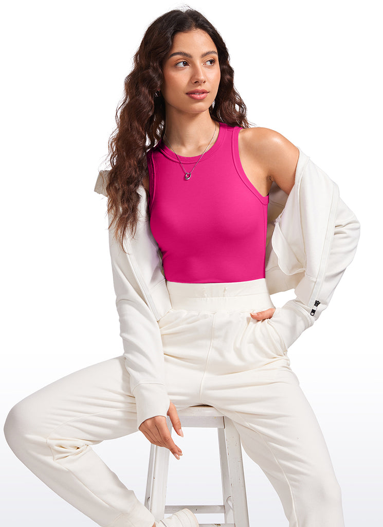 CRZ YOGA Women's Yoga Tight Fit Ribbed Tank High Neck Hip Length Taupe