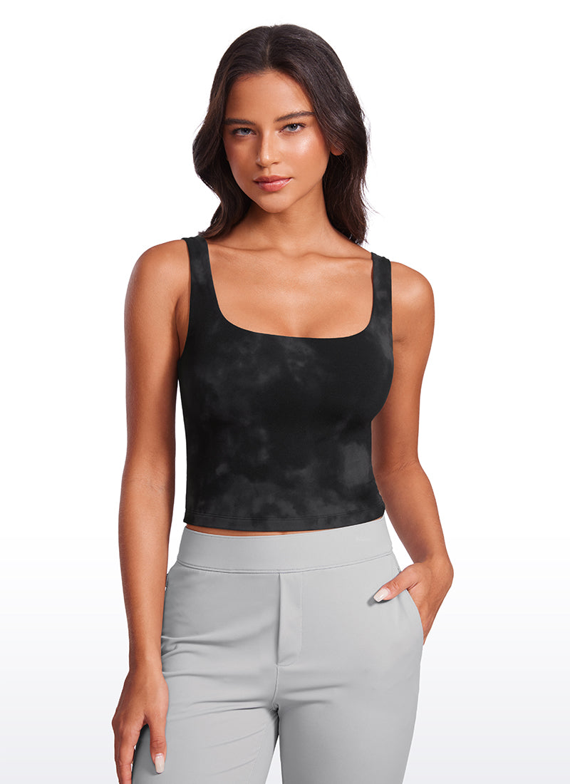 CRZ YOGA Women's Yoga Butterluxe Tight Fit Tank Tops Square Neck Black Tie Dye Flowers