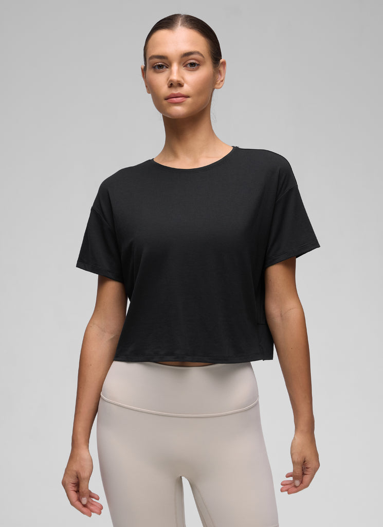 CRZ YOGA Women's Yoga Relaxed Fit Cropped Open Back Short Sleeves White Apricot