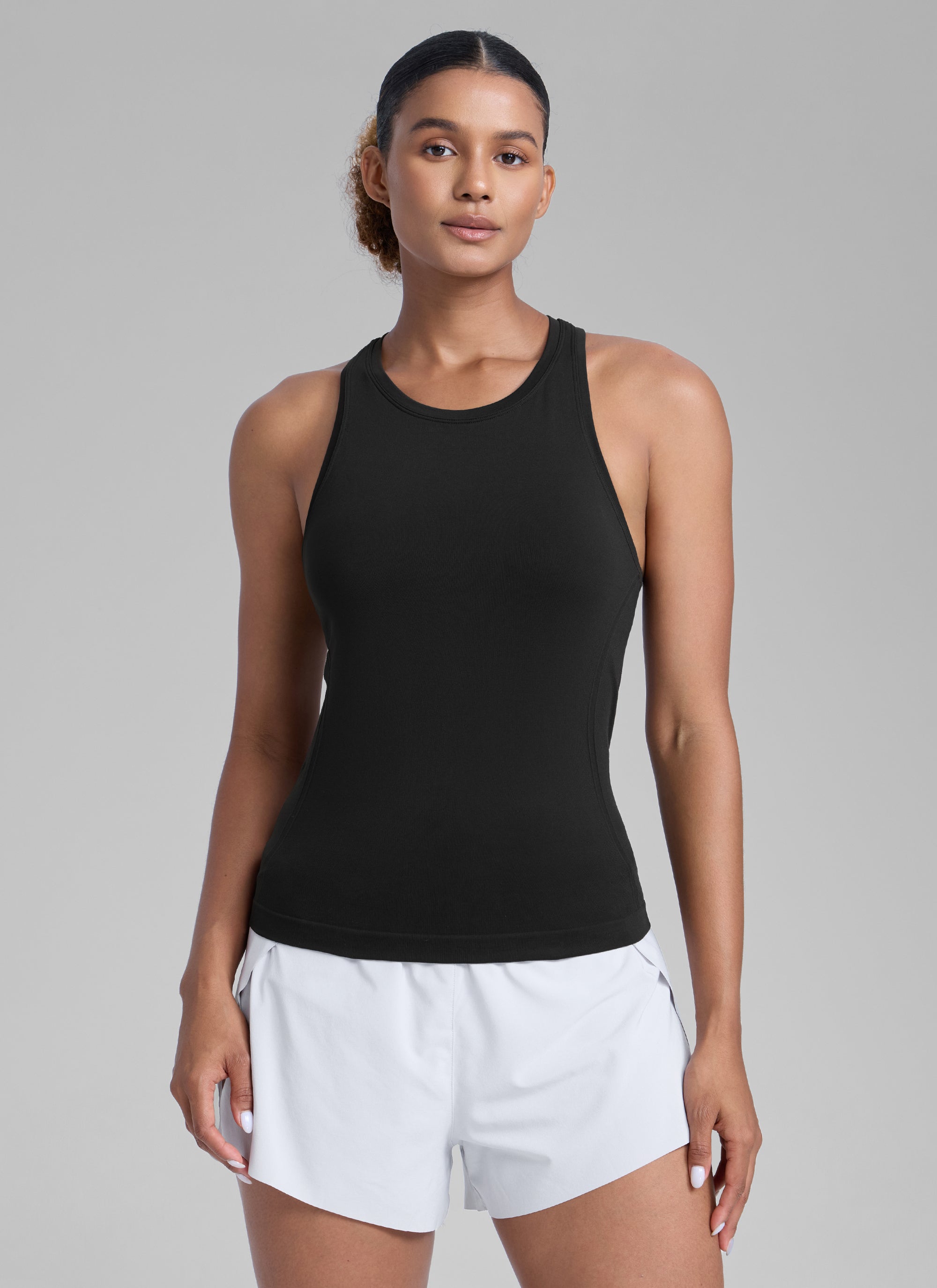 CRZ YOGA Women's Yoga Slim Fit Tops Seamless High Crew Neck Tank Black